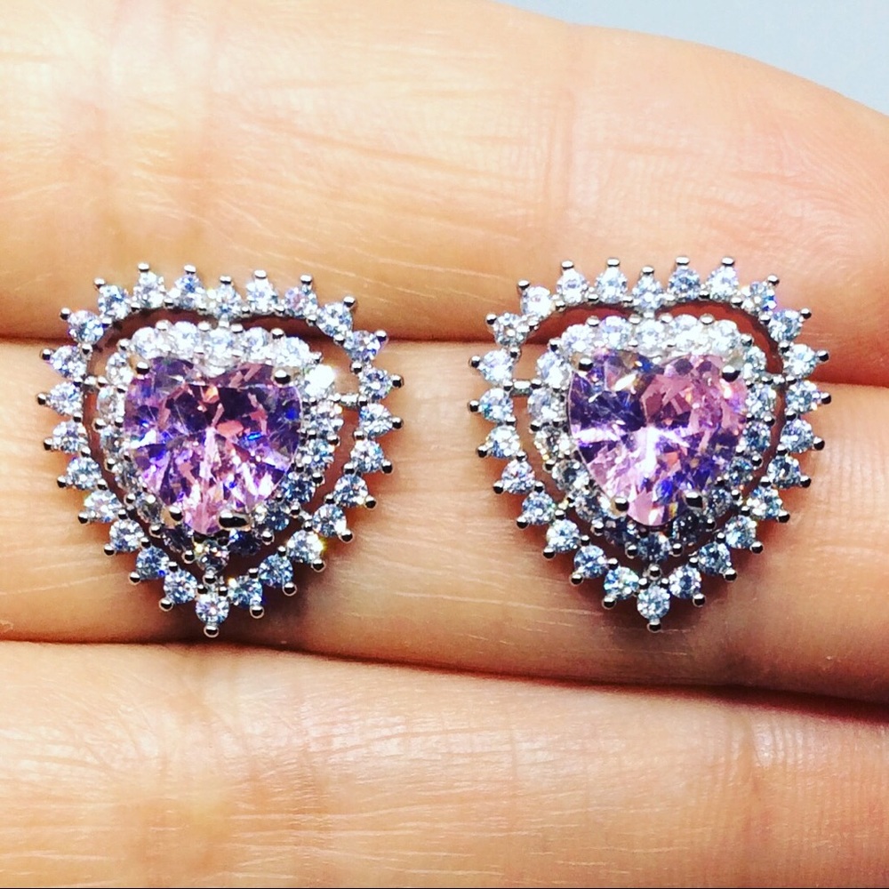 Silver Filled & Pink Sapphire Heart Stud Earrings